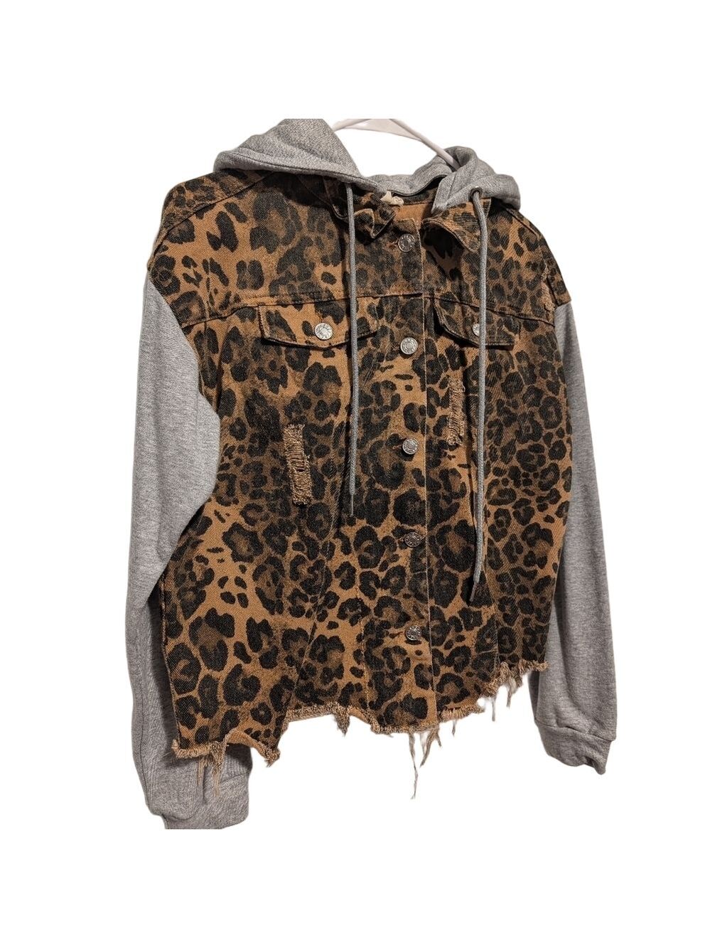 ODDI Leopard Denim Jacket Small Hoodie Distressed - Picture 3 of 11